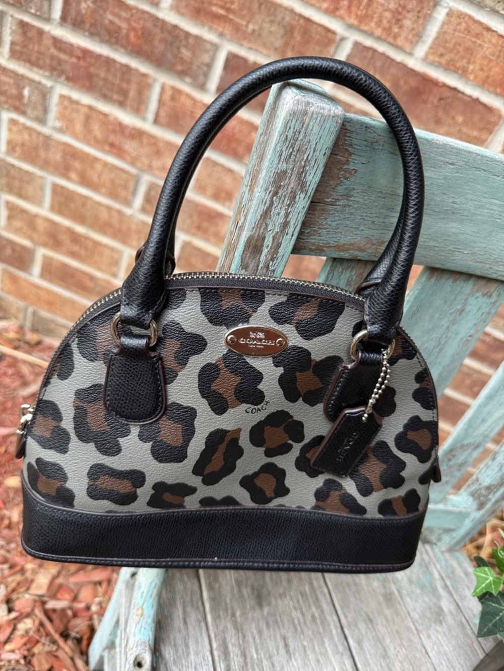 Coach Leopard-Print Cora Mini Dome Satchel in Black and Brown - Picture 3 of 14